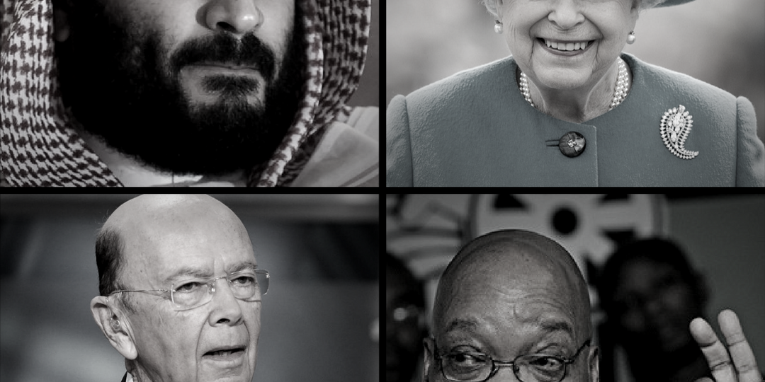 Crown Prince of Saudi Arabia (Top left), Queen of England, Queen Elizabeth II (top right), United States Secretary of Commerce, Wilbur Ross (bottom left) and President Jacob Zuma (bottom right) Crown Prince of Saudi Arabia (Top left), Queen of England, Queen Elizabeth II (top right), United States Secretary of Commerce, Wilbur Ross (bottom left) and President Jacob Zuma (bottom right)